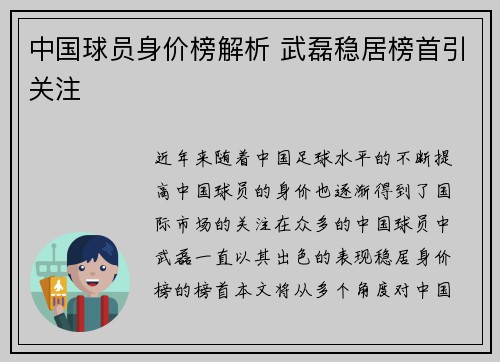 中国球员身价榜解析 武磊稳居榜首引关注